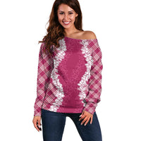Hawaii Aloha Plumeria Lei Fuschia Palaka Off Shoulder Sweater LT7 Women Fuschia - Polynesian Pride