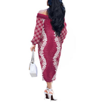 Hawaii Aloha Plumeria Lei Fuschia Palaka Off The Shoulder Long Sleeve Dress - Polynesian Pride