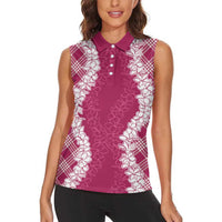 Hawaii Aloha Plumeria Lei Fuschia Palaka Women Sleeveless Polo Shirt - Polynesian Pride