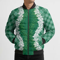 Hawaii Aloha Plumeria Lei Green Palaka Bomber Puffer Jacket - Polynesian Pride