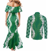 Hawaii Aloha Plumeria Lei Green Palaka Couples Matching Mermaid Dress and Long Sleeve Button Shirt - Polynesian Pride