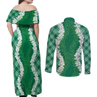 Hawaii Aloha Plumeria Lei Green Palaka Couples Matching Off Shoulder Maxi Dress and Long Sleeve Button Shirt - Polynesian Pride