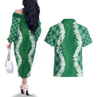 Hawaii Aloha Plumeria Lei Green Palaka Couples Matching Off The Shoulder Long Sleeve Dress and Hawaiian Shirt - Polynesian Pride