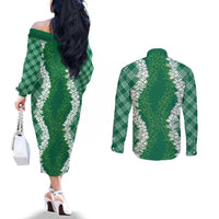 Hawaii Aloha Plumeria Lei Green Palaka Couples Matching Off The Shoulder Long Sleeve Dress and Long Sleeve Button Shirt - Polynesian Pride