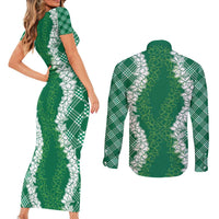 Hawaii Aloha Plumeria Lei Green Palaka Couples Matching Short Sleeve Bodycon Dress and Long Sleeve Button Shirt - Polynesian Pride