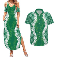 Hawaii Aloha Plumeria Lei Green Palaka Couples Matching Summer Maxi Dress and Hawaiian Shirt - Polynesian Pride
