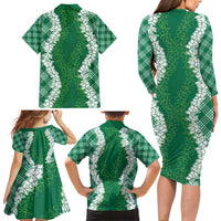 Hawaii Aloha Plumeria Lei Green Palaka Family Matching Long Sleeve Bodycon Dress and Hawaiian Shirt - Polynesian Pride