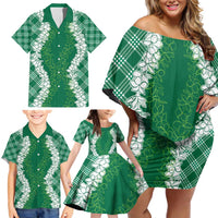 Hawaii Aloha Plumeria Lei Green Palaka Family Matching Off Shoulder Short Dress and Hawaiian Shirt - Polynesian Pride