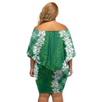 Hawaii Aloha Plumeria Lei Green Palaka Family Matching Off Shoulder Short Dress and Hawaiian Shirt - Polynesian Pride