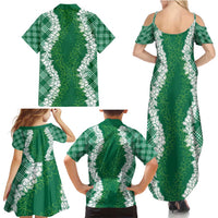 Hawaii Aloha Plumeria Lei Green Palaka Family Matching Summer Maxi Dress and Hawaiian Shirt - Polynesian Pride