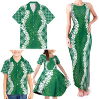 Hawaii Aloha Plumeria Lei Green Palaka Family Matching Tank Maxi Dress and Hawaiian Shirt - Polynesian Pride