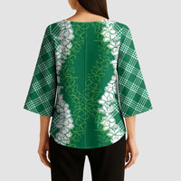 Hawaii Aloha Plumeria Lei Green Palaka Kimono Sleeve Blouse - Polynesian Pride