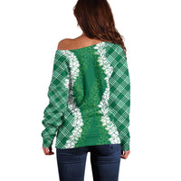 Hawaii Aloha Plumeria Lei Green Palaka Off Shoulder Sweater - Polynesian Pride