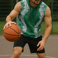 Hawaii Aloha Plumeria Lei Green Palaka Sleeveless Hoodie - Polynesian Pride