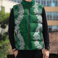 Hawaii Aloha Plumeria Lei Green Palaka Sleeveless Puffer Jacket - Polynesian Pride