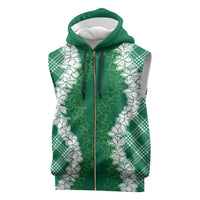 Hawaii Aloha Plumeria Lei Green Palaka Sleeveless Zip Hoodie - Polynesian Pride