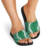 Hawaii Aloha Plumeria Lei Green Palaka Slide Sandals - Polynesian Pride
