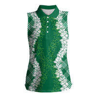 Hawaii Aloha Plumeria Lei Green Palaka Women Sleeveless Polo Shirt - Polynesian Pride