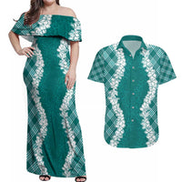 Hawaii Aloha Plumeria Lei Teal Palaka Couples Matching Off Shoulder Maxi Dress and Hawaiian Shirt - Polynesian Pride