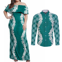 Hawaii Aloha Plumeria Lei Teal Palaka Couples Matching Off Shoulder Maxi Dress and Long Sleeve Button Shirt - Polynesian Pride