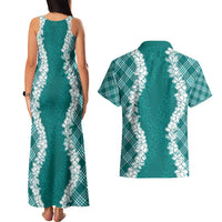 Hawaii Aloha Plumeria Lei Teal Palaka Couples Matching Tank Maxi Dress and Hawaiian Shirt - Polynesian Pride