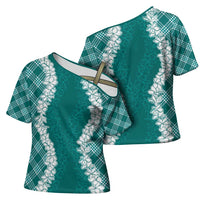 Hawaii Aloha Plumeria Lei Teal Palaka Cross Shoulder Shirt - Polynesian Pride