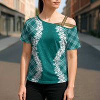 Hawaii Aloha Plumeria Lei Teal Palaka Cross Shoulder Shirt - Polynesian Pride