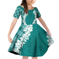 Hawaii Aloha Plumeria Lei Teal Palaka Family Matching Off Shoulder Short Dress and Hawaiian Shirt - Polynesian Pride