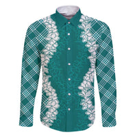 Hawaii Aloha Plumeria Lei Teal Palaka Family Matching Off Shoulder Short Dress and Hawaiian Shirt - Polynesian Pride