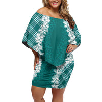 Hawaii Aloha Plumeria Lei Teal Palaka Family Matching Off Shoulder Short Dress and Hawaiian Shirt - Polynesian Pride