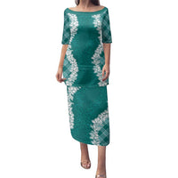 Hawaii Aloha Plumeria Lei Teal Palaka Family Matching Puletasi and Hawaiian Shirt - Polynesian Pride