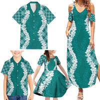 Hawaii Aloha Plumeria Lei Teal Palaka Family Matching Summer Maxi Dress and Hawaiian Shirt - Polynesian Pride