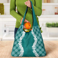 Hawaii Aloha Plumeria Lei Teal Palaka Grocery Bag - Polynesian Pride