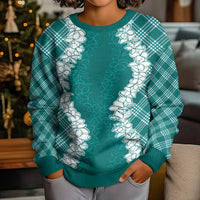 Hawaii Aloha Plumeria Lei Teal Palaka Kid Ugly Christmas Sweater - Polynesian Pride