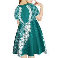 Hawaii Aloha Plumeria Lei Teal Palaka Kid Short Sleeve Dress - Polynesian Pride