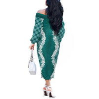 Hawaii Aloha Plumeria Lei Teal Palaka Off The Shoulder Long Sleeve Dress - Polynesian Pride