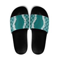 Hawaii Aloha Plumeria Lei Teal Palaka Slide Sandals - Polynesian Pride