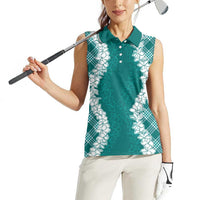 Hawaii Aloha Plumeria Lei Teal Palaka Women Sleeveless Polo Shirt - Polynesian Pride