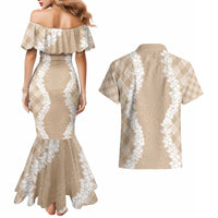 Hawaii Aloha Plumeria Lei Beige Palaka Couples Matching Mermaid Dress and Hawaiian Shirt - Polynesian Pride