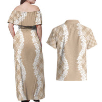 Hawaii Aloha Plumeria Lei Beige Palaka Couples Matching Off Shoulder Maxi Dress and Hawaiian Shirt - Polynesian Pride
