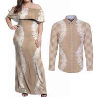 Hawaii Aloha Plumeria Lei Beige Palaka Couples Matching Off Shoulder Maxi Dress and Long Sleeve Button Shirt - Polynesian Pride