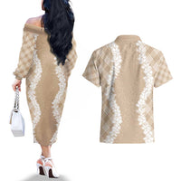 Hawaii Aloha Plumeria Lei Beige Palaka Couples Matching Off The Shoulder Long Sleeve Dress and Hawaiian Shirt - Polynesian Pride