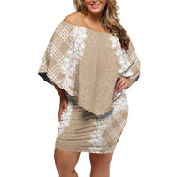 Hawaii Aloha Plumeria Lei Beige Palaka Family Matching Off Shoulder Short Dress and Hawaiian Shirt - Polynesian Pride