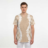 Hawaii Aloha Plumeria Lei Beige Palaka Scrub Top - Polynesian Pride