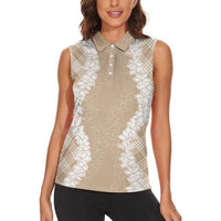Hawaii Aloha Plumeria Lei Beige Palaka Women Sleeveless Polo Shirt - Polynesian Pride