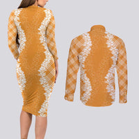 Hawaii Aloha Plumeria Lei Orange Palaka Couples Matching Long Sleeve Bodycon Dress and Long Sleeve Button Shirt - Polynesian Pride