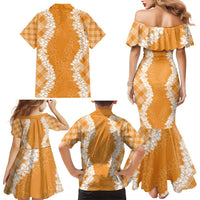 Hawaii Aloha Plumeria Lei Orange Palaka Family Matching Mermaid Dress and Hawaiian Shirt - Polynesian Pride