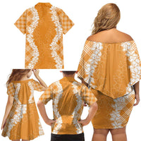 Hawaii Aloha Plumeria Lei Orange Palaka Family Matching Off Shoulder Short Dress and Hawaiian Shirt - Polynesian Pride
