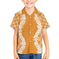 Hawaii Aloha Plumeria Lei Orange Palaka Family Matching Puletasi and Hawaiian Shirt - Polynesian Pride