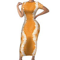 Hawaii Aloha Plumeria Lei Orange Palaka Short Sleeve Bodycon Dress - Polynesian Pride